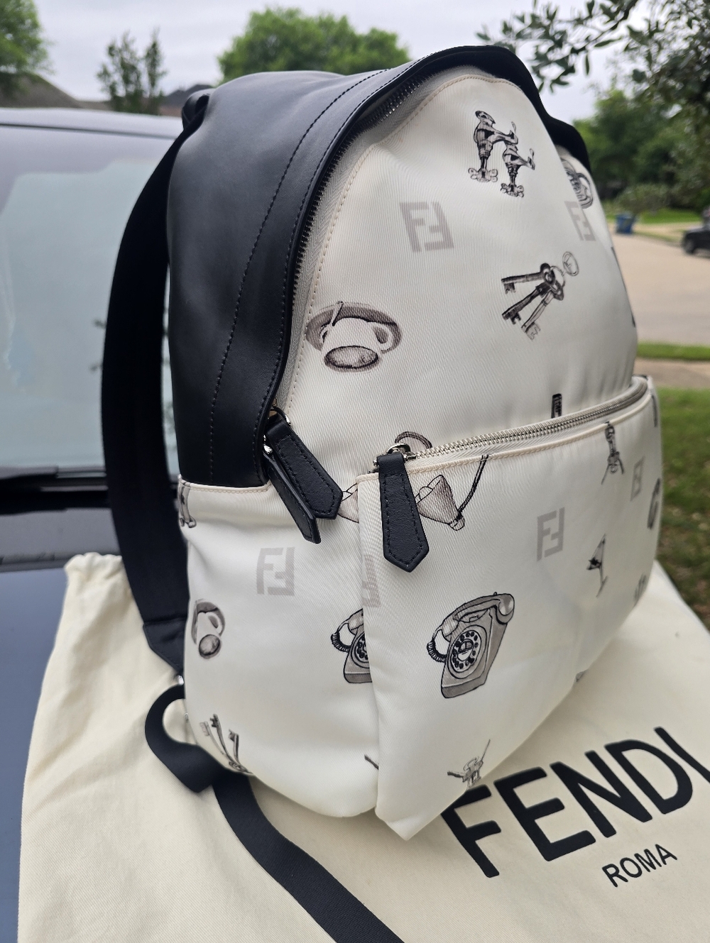 Fendi Black/Cream Objects Printed Leather/Nylon Backpack
